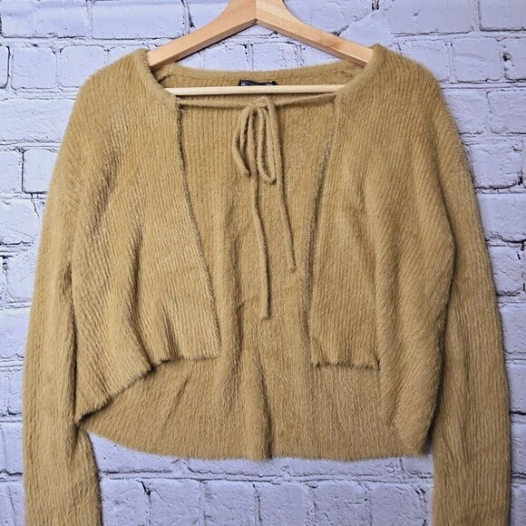 Dazy Soft Fuzzy Golden Beige Tie Collar Cardigan Sweater Size L - Picture 2 of 9
